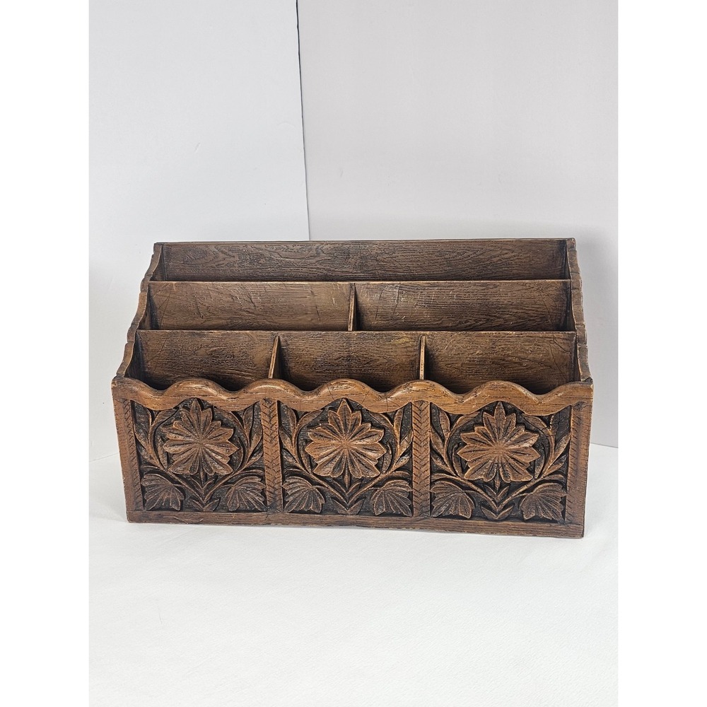 Vintage LERNER Carved Faux Wood Letter Holder Mail Organizer Desk Storage Caddy
